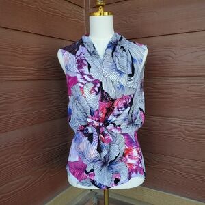 Dana Buchman Floral Sleeveless V-Neck Blouse Top with Front Tie Black Purple EUC